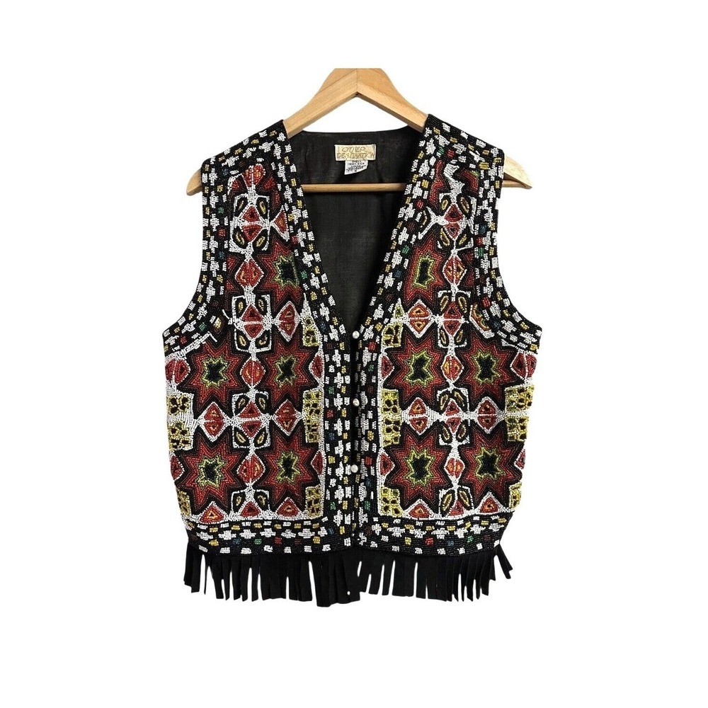 Vintage Hand Beaded Fringe Vest Silk Ivory Black Red Yellow Boho‎ Festival S